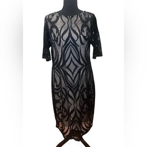 Sandra Darren Black w/ Nude Lining Elbow Sleeve Lace Cocktail Dress Women's 12